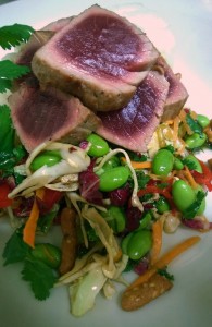 Ahi tuna edamame slaw sesame wasabi soy vinaigrette