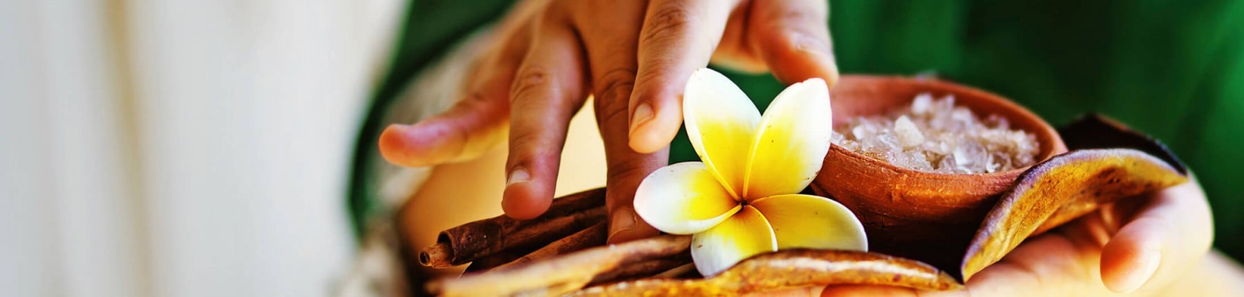 woman in green shirt holding cinnamon, flowers, and sea salt scrub at Minnesota Spa