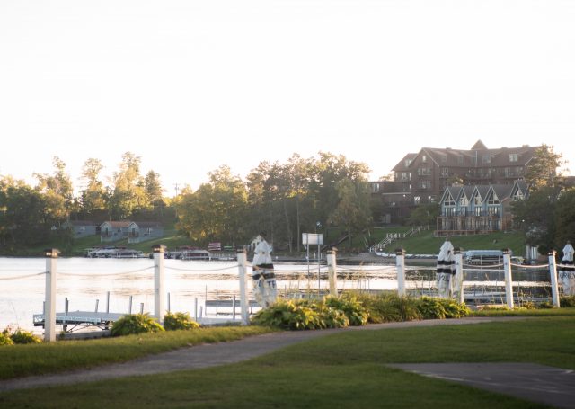 The rope and wood fence overlooking the Gull Lake in front of the Maddens resort.