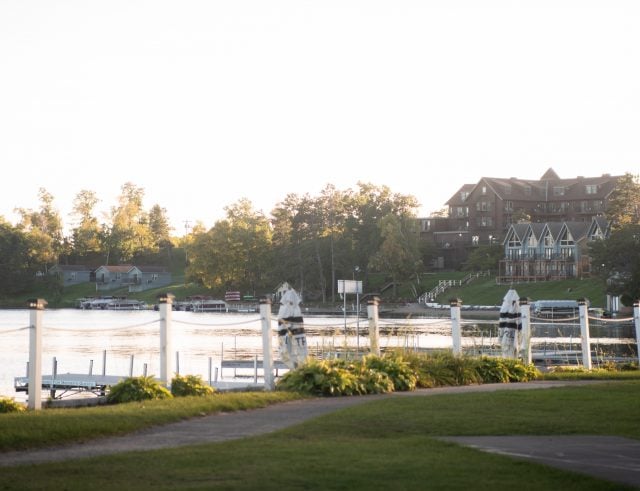 The rope and wood fence overlooking the Gull Lake in front of the Maddens resort.