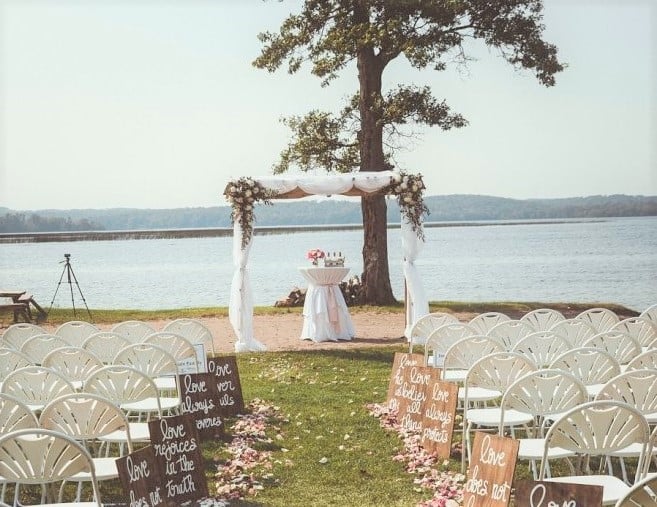 The aisle and wedding chair setup at Wilson Bay Beach ceremony