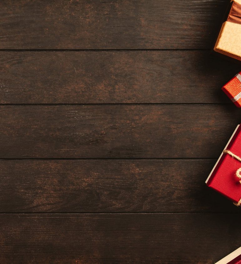 Gift boxes placed on a wooden table